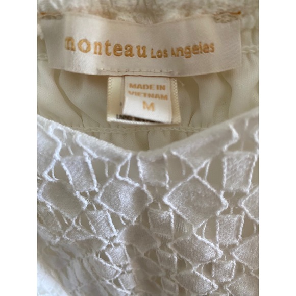 Monteau White Lace Puff Sleeve Smocked Crop Top Cottagecore Women's M - Picture 2 of 9